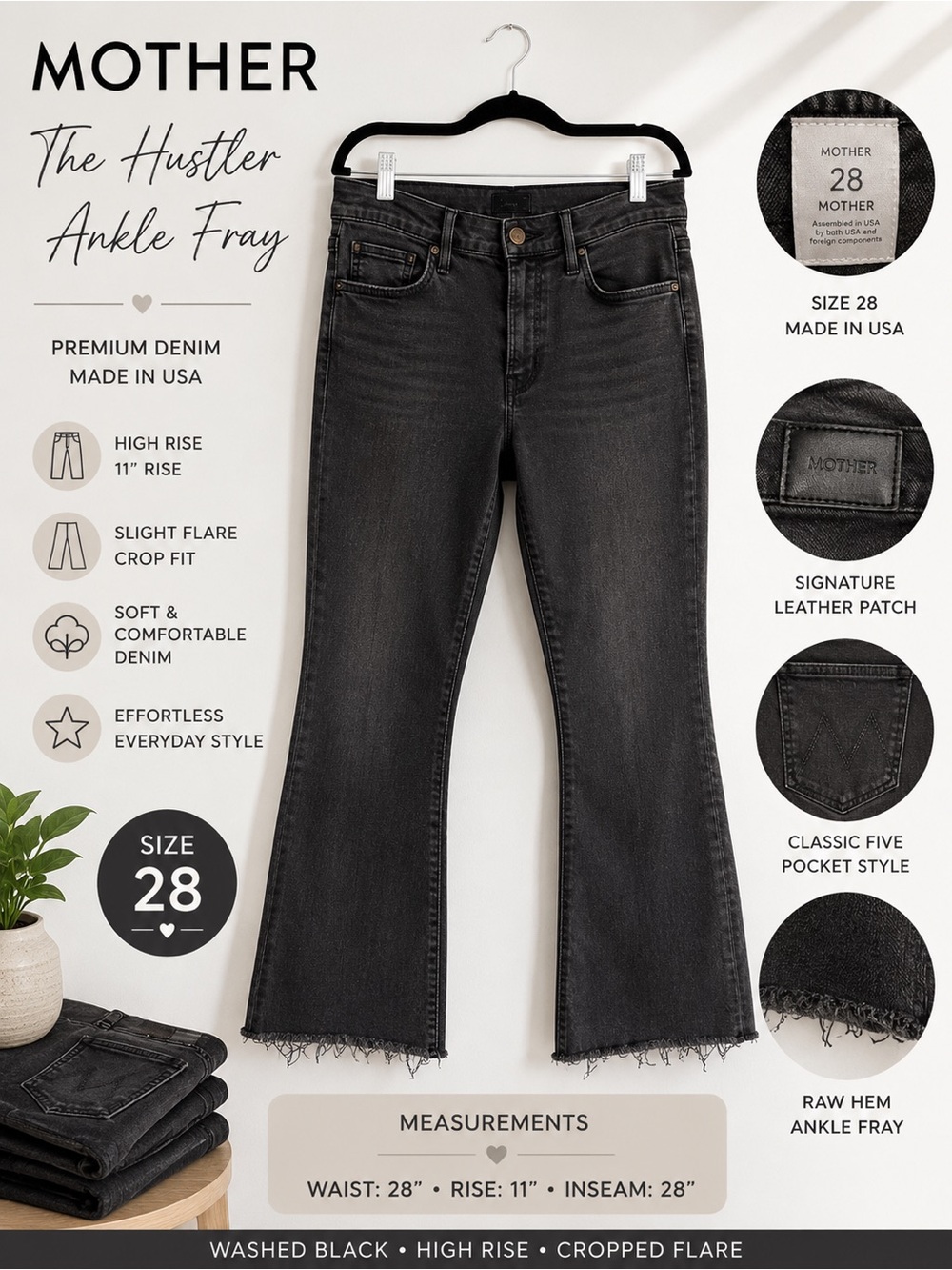MOTHER The Hustler Ankle Fray Jeans Size 28 Charcoal Black High Rise Crop